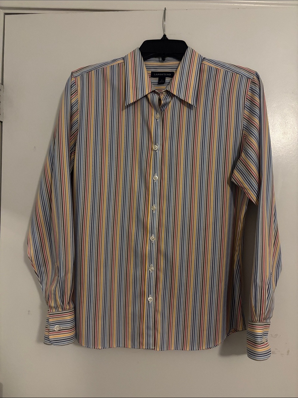 Lands' End Women's Button-Down Shirt - Blue, Yellow, Orange, Khaki Stripes